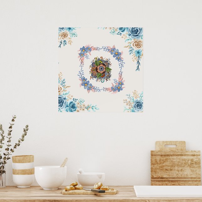 Poster Calma Suave - Teal e Cor de Água Rosa Floral (Cozinha)