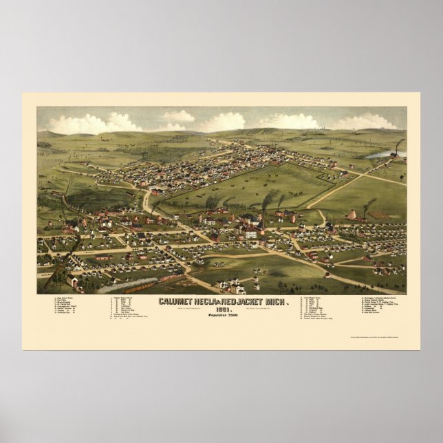 Póster Calumet and Red Jaqueta, MI Panorâmica Map - 1881 (Frente)