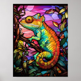 Poster Camaleão Arco-íris Vibrante Estilo Vidro Colorido