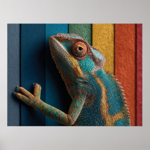 Poster Camaleão Colorido em Fundo de Arco-íris