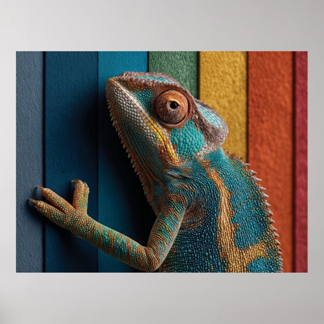 Poster Camaleão Colorido em Fundo de Arco-íris (Frente)