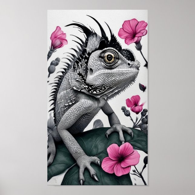 Poster Camaleão Monocromático Com Flores Rosa (Frente)