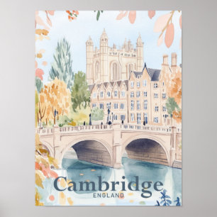 Poster Cambridge England Watercolor Viagem Illustração