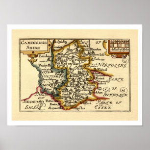 Poster Cambridgeshire County England Antigo Mapa Antiquár