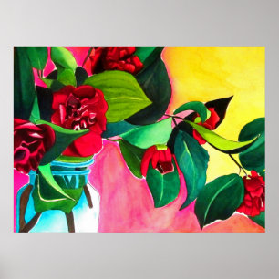 Poster Camellias vermelhas com flor de folhagem verde