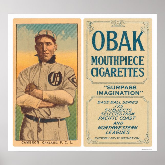 Póster Cameron Oakland Baseball em 1910 (Frente)