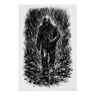 Póster Caminhante na Chuva – Ilustração de Tinta Assombra