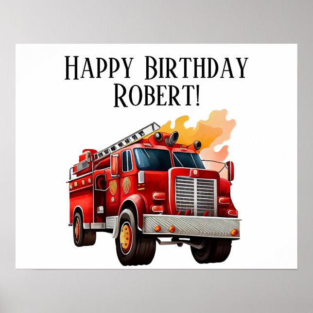 Poster Caminhão de Bombeiros Vermelho Feliz Aniversário N (Frente)