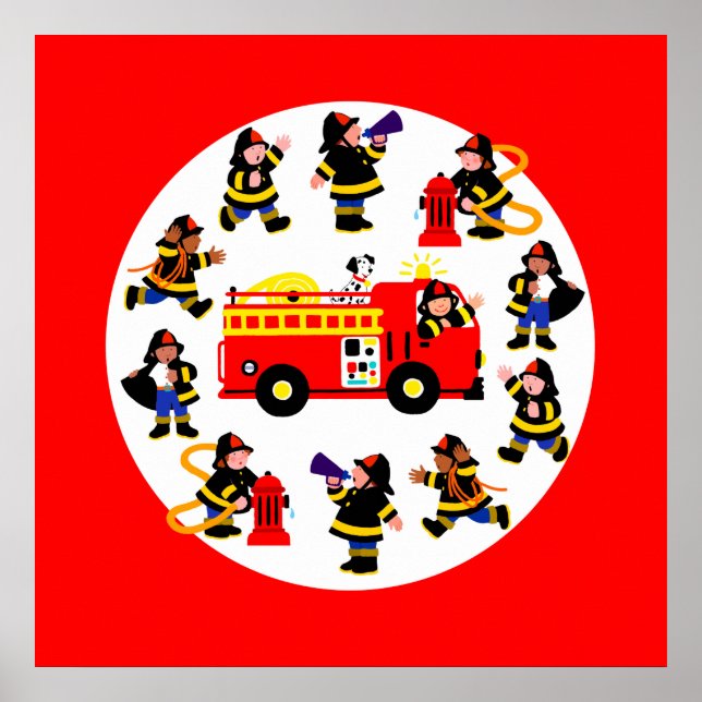 Poster Caminhão de Fogo com Bombeiros Ocupados (Frente)