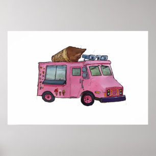Poster Caminhão de sorvete rosa clássico com cone no topo