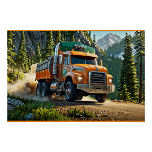 Póster Caminhão Laranja Gravel nas Montanhas