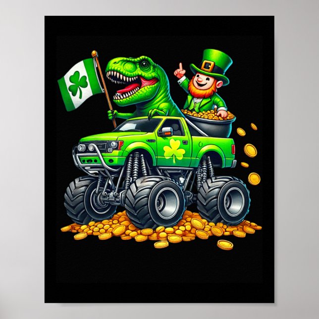 Poster Caminhão Monstro Meninos T-rex Leprechaun Dia de S (Frente)