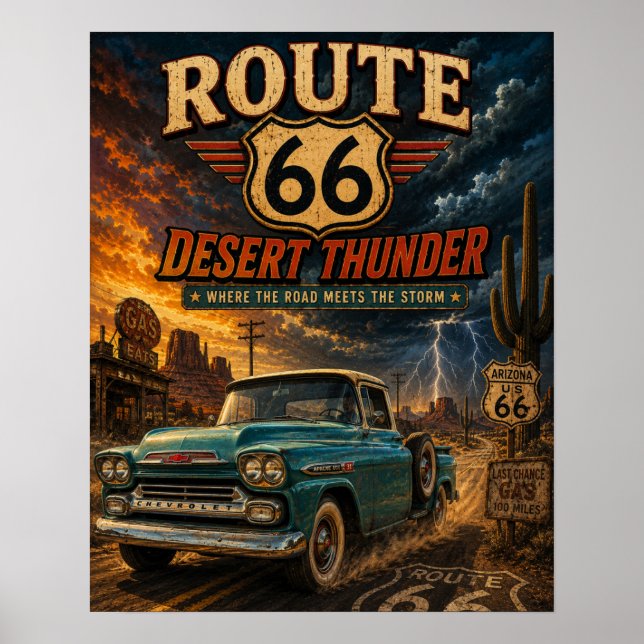 Poster Caminhão Retrô Vintage Route 66 Desert Thunder  (Frente)