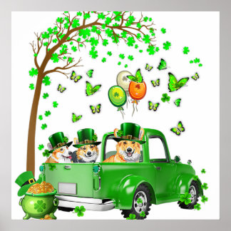 Poster Caminhão Verde De Dia de São Patrício Corgi Sob A