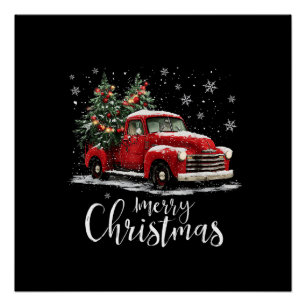 Póster Caminhão Vermelho Antigo Papai NoelÁrvore Feliz Na