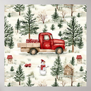 Poster Caminhão Vermelho com presentes e boneco de neve