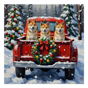 Póster Caminhão Vermelho de Natal Akita Feriado