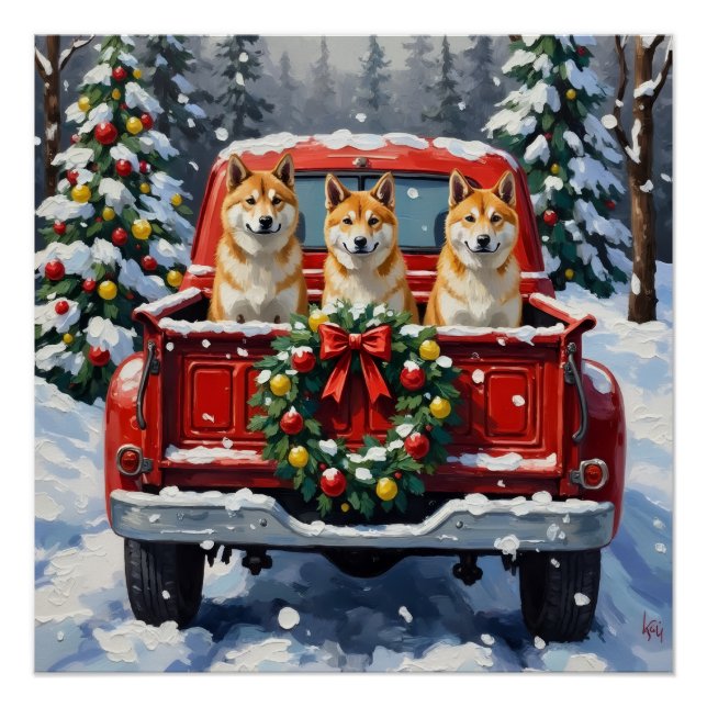 Póster Caminhão Vermelho de Natal Akita Feriado (Frente)