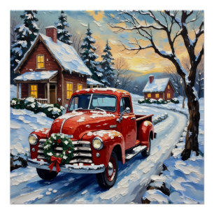 Póster Caminhão Vermelho de Natal Antigo na Estrada Rural