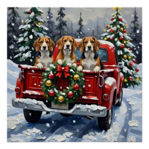 Póster Caminhão Vermelho de Natal Beagle Férias