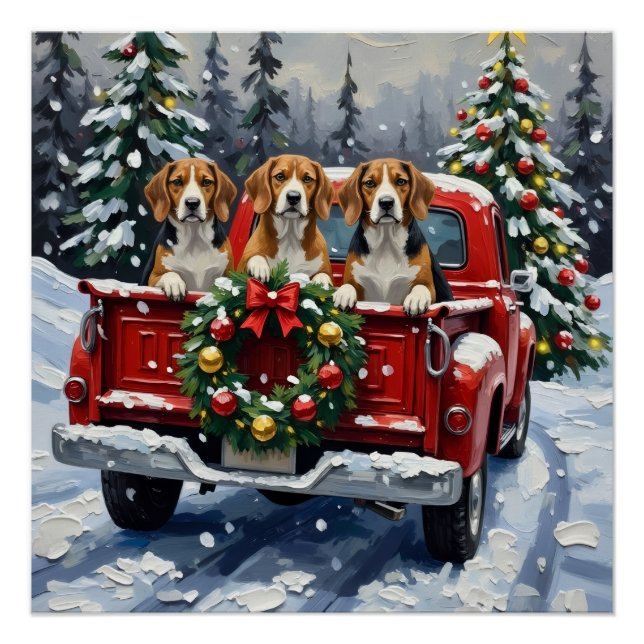 Póster Caminhão Vermelho de Natal Beagle Férias (Frente)