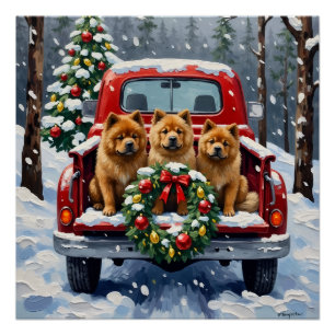 Póster Caminhão Vermelho de Natal Chow Chow Feriado