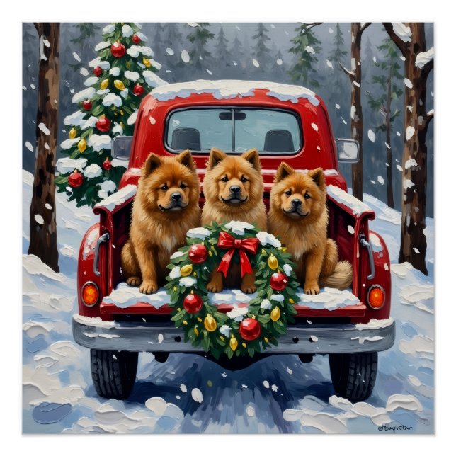 Póster Caminhão Vermelho de Natal Chow Chow Feriado (Frente)