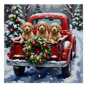 Póster Caminhão Vermelho de Natal Cockapoo Férias