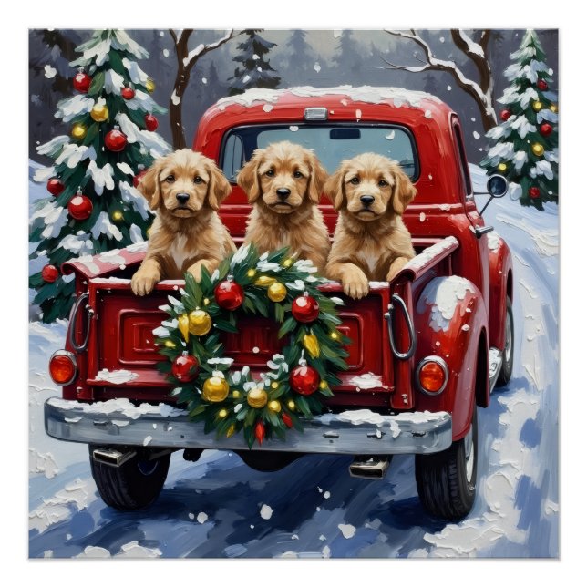 Póster Caminhão Vermelho de Natal Cockapoo Férias (Frente)