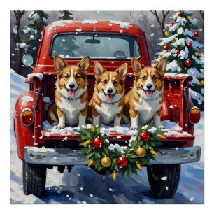Póster Caminhão Vermelho de Natal Corgi Férias