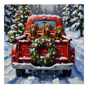 Póster Caminhão Vermelho de Natal do Dachshund Férias