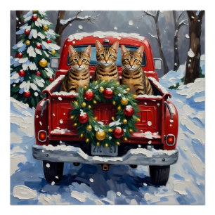 Póster Caminhão Vermelho de Natal do Gato Bengal Festa de