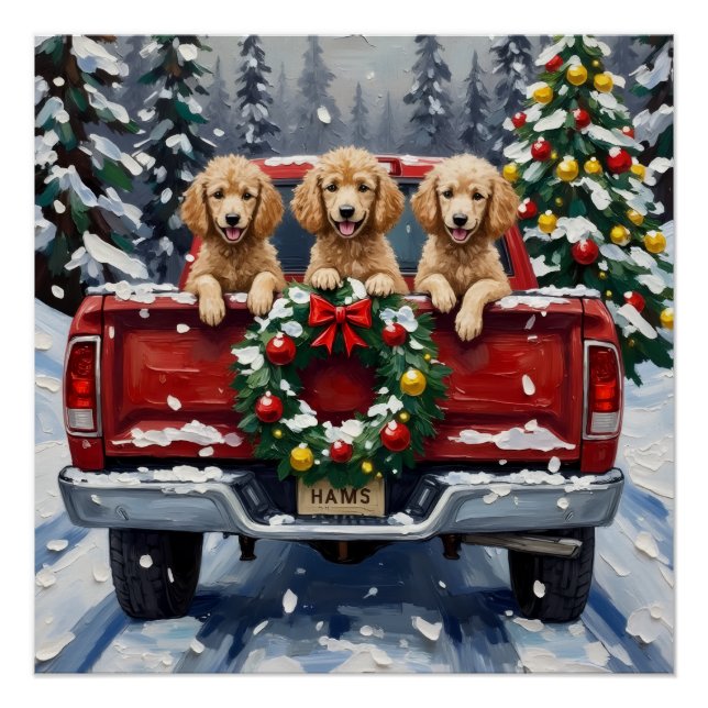 Póster Caminhão Vermelho de Natal do Poodle Festa (Frente)