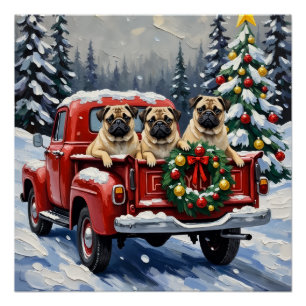 Póster Caminhão Vermelho de Natal Pug Férias