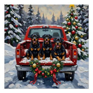 Póster Caminhão Vermelho de Natal Rottweiler Festa