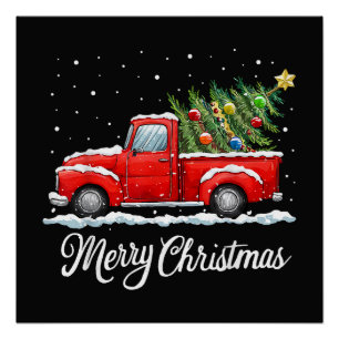Póster Caminhão Vermelho Natal Feliz Vintage com Árvore