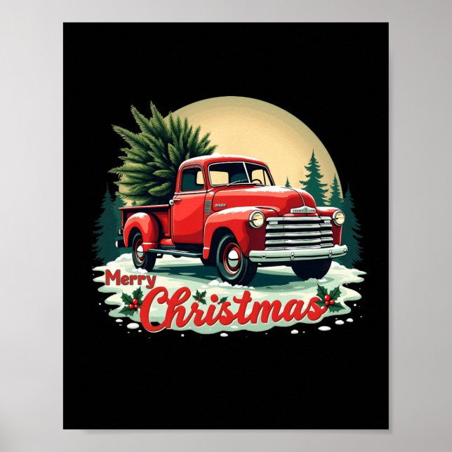 Poster Caminhão Vermelho Pickup Merry Árvore de Natal Hol (Frente)