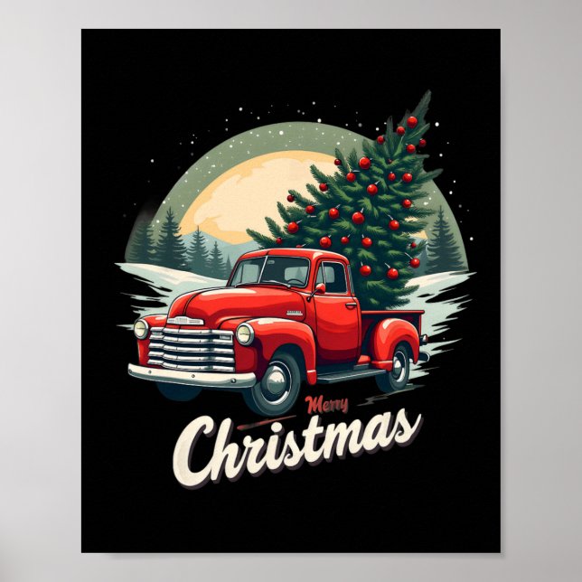 Poster Caminhão Vermelho Pickup Merry Árvore de Natal Hol (Frente)