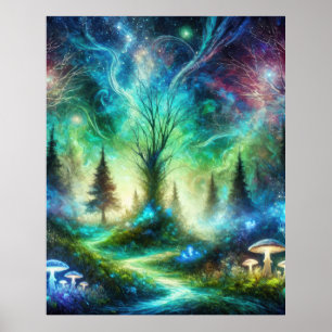 Poster Caminho da Floresta Encantada Cogumelos Brilhantes