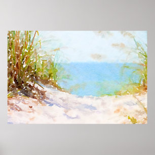 Poster Caminho da Praia Oceano Grama Aquarela