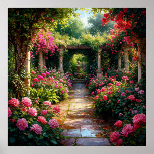 Poster Caminho de Jardim Exuberante com Roseiras
