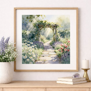 Poster Caminho do Jardim Ensolarado com Treliça de Rosas