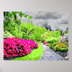 Poster Caminho do jardim sereno com flores rosa vibrantes