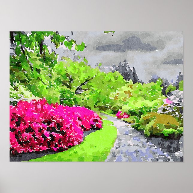 Poster Caminho do jardim sereno com flores rosa vibrantes (Frente)