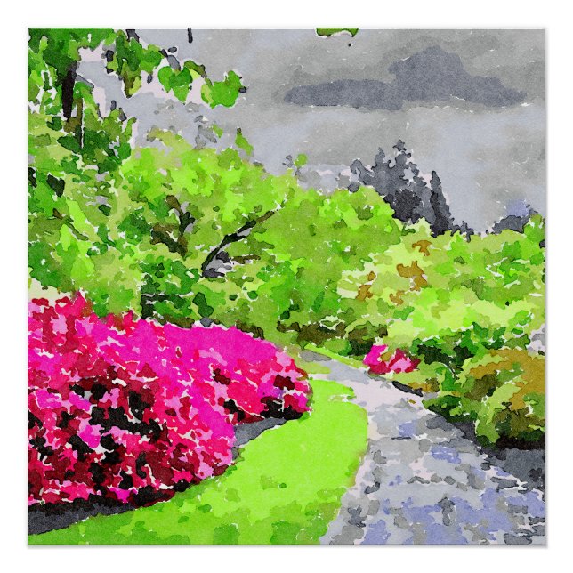 Póster Caminho do jardim sereno com flores rosa vibrantes (Frente)