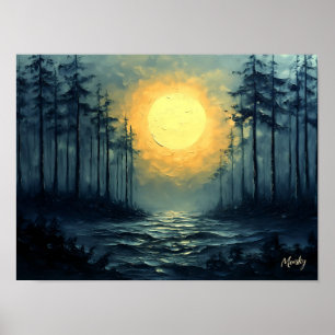 Poster Caminho Sereno da Floresta ao Luar com Lua Cheia