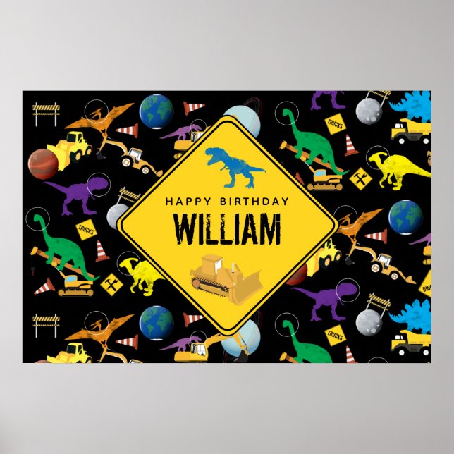 Poster Caminhões de Construção Dinossauros no Espaço Aniv (Frente)