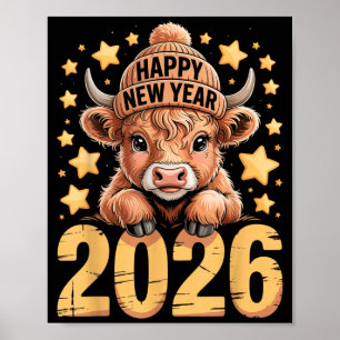 Poster Camisa Cute Highland Cow Feliz Ano Novo 2026 Engra