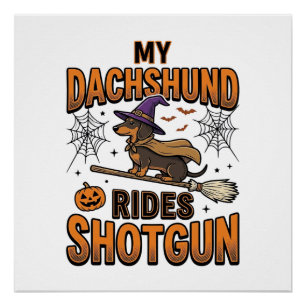 Póster Camisa Dachshund Halloween Bruxa Vassoura Anda no