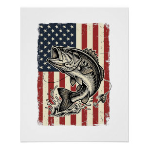 Póster Camisa de bandeira americana de pesca de bass vint